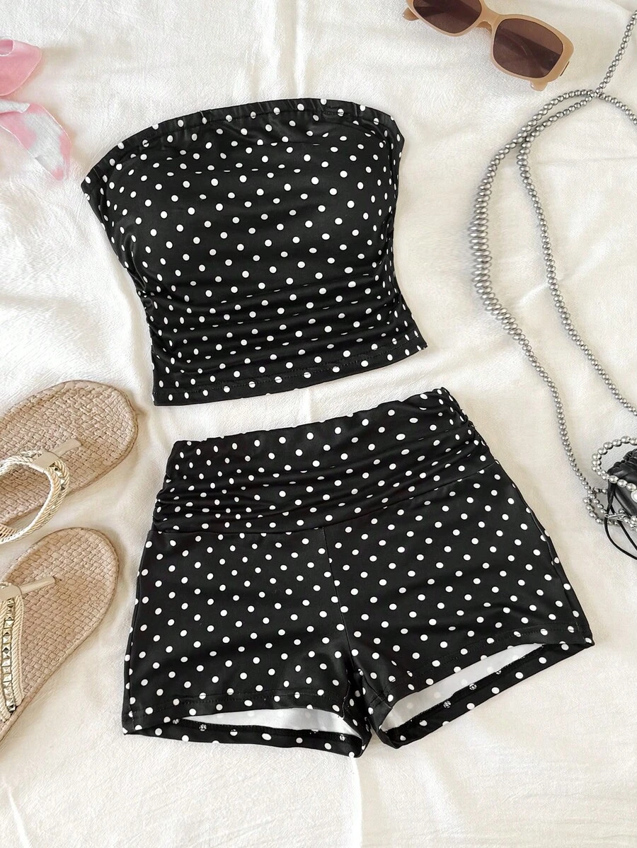 SHEIN Conjunto de top tubo con volantes y shorts con estampado de lunares para niña preadolescente - Negro - Ver 1