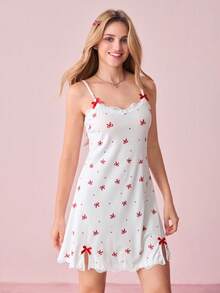 Bonmuse 女士睡衣罗纹针织蝴蝶印花撞色蕾丝饰边蝴蝶结可爱甜美性感吊带裙 - 紅色 - 查看 4