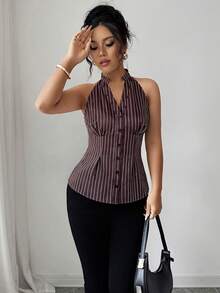 Elenzga Women's Striped Single-Breasted V-Neck Casual Halter Shirt - Coffee Brown - View 5