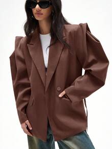 Aveloria GENKIRA Loose Fit Casual Commuter Versatile Extra Wide Shoulder Silhouette Drawstring Decor Solid Color Blazer - Rusty Rose - View 3