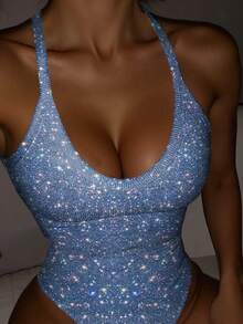 Rovax 女士U领无袖修身数码印花连体衣，夏季时尚之选 - 彩色 - 查看 1