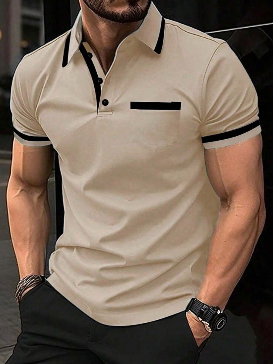 Calvornis 男士撞色纯棉短袖休闲通勤 Polo 衫,正式场合 - 卡其色 - 查看 1