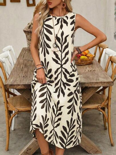 SHEIN LUNE Vestido de verano elegante y casual con estampado floral, cuello redondo, sin mangas, con bolsillo decorativo y corte holgado para uso diario