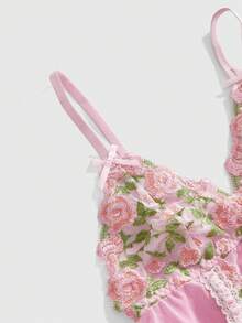 ROMWE Kawaii Delicate Embroidered Floral Wireless Ruffle Bow Sexy Lingerie Set For Women - Pink - View 3