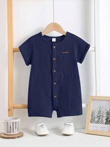 Newborn Baby Boy Cute Casual Solid Color Short Sleeve Romper & Shorts Set, Summer - Navy Blue - View 2