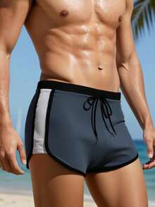 CoralVoy Bañador de verano para hombre con cintura con cordón y contraste de color, pantalones cortos de playa, traje de baño, pantalones cortos de natación, vacaciones - Gris - Ver 3