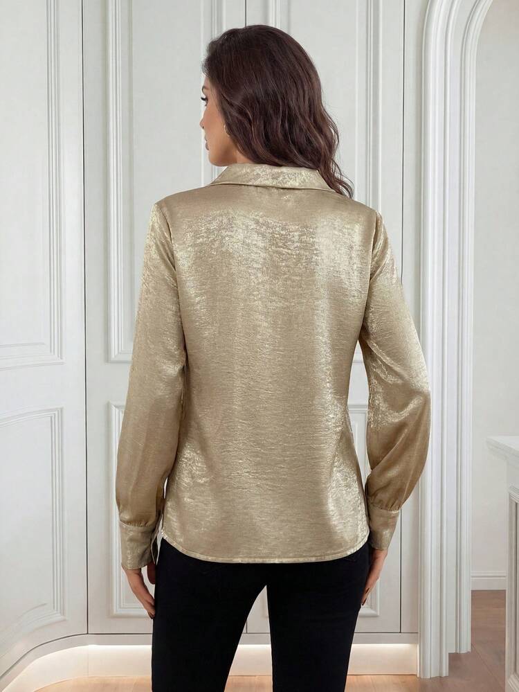 Women's Solid Color Metallic Twist Collar Long Sleeve Fashion Blouse Satin Blouses For Women Gold Blouses For Women Metallic Top Lantern Sleeve Blouse Puff Sleeve Blouse Glitter Top Elegant Blouses For Women Elegant Women's Blouses Elegant Blouses For Women, New Year Clothes