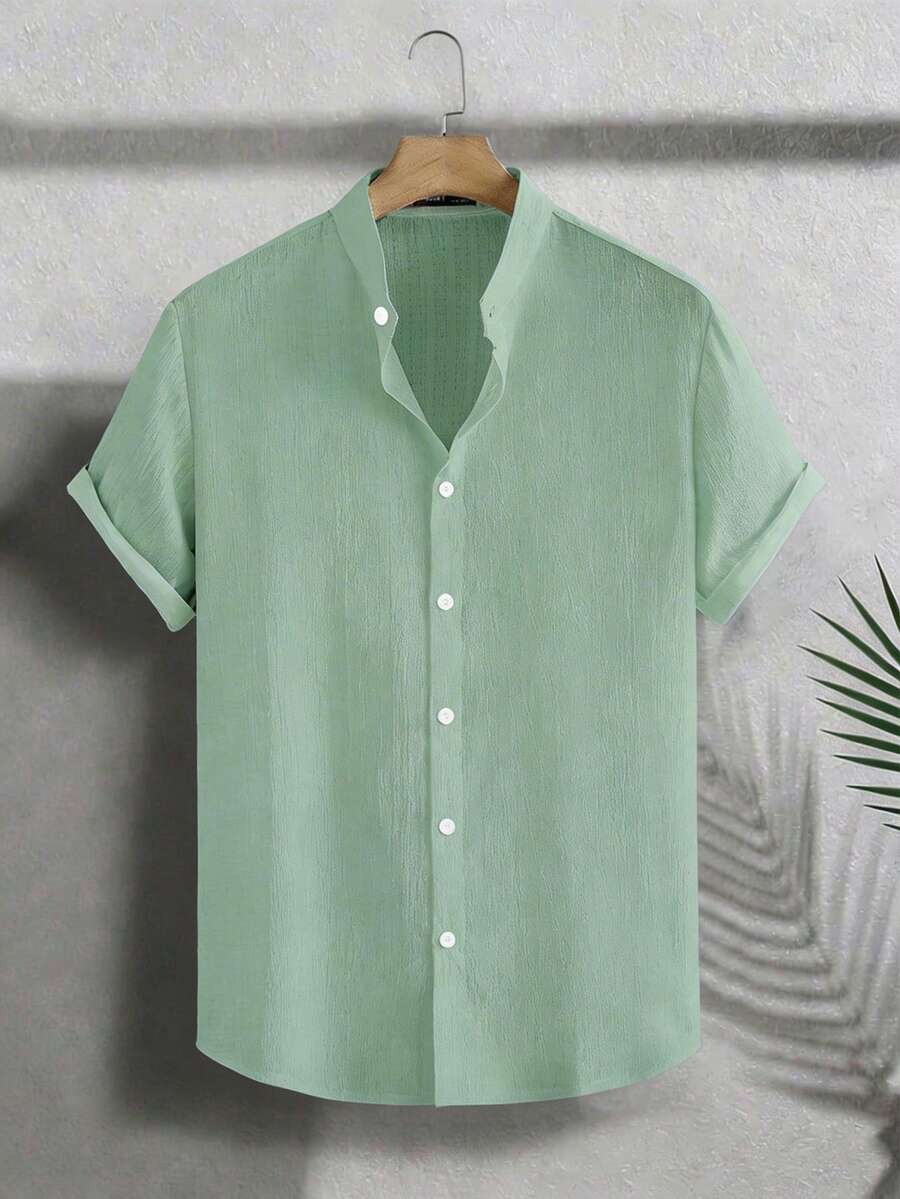 VIVINTIMO 男士休闲纯色短袖衬衫，夏季 - 綠色 - 查看 1