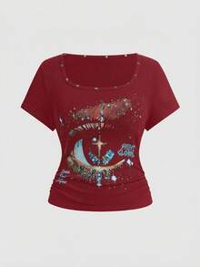 ROMWE Avant T-shirt décontracté unisexe streetwear rétro baddie avec imprimé étoiles et rivets à la taille cintrée pour femmes - Rouge foncé - Voir 1