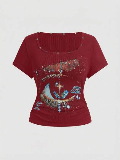 ROMWE Avant Camiseta casual de estilo callejero unisex con estampado de estrellas y remaches, cintura ceñida, estilo retro "baddie" para mujer