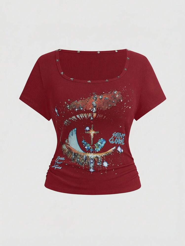ROMWE Avant Women's Retro Baddie Unisex Streetwear Casual Star & Rivet Print Cinched Waist T-Shirt - Burgundy - View 1