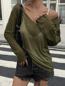 DAZY 女款寬鬆深V領長袖透視休閒上衣，都市街頭風T恤，夏季泳裝外罩衫，適合學校穿著 - 軍綠色 - 查看 7