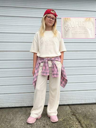 Set pantaloni și tricou cu imprimeu simplu și croială largă pentru fete Tween, bluze de primăvară/vară, croială lejeră pentru vacanță, la modă, potrivit pentru călătorii de vacanță, ținute în aer liber