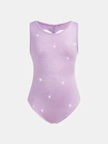 SHEIN Tween Girls' Casual Sports Gymnastics Yoga Shiny Elegant High Stretch Foil Knit Backless Unitard, Purple - Purple - View 3