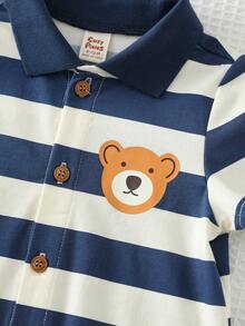 Cozy Pixies Baby Boy Cartoon Bear Striped Lapel Short Sleeve Romper - Blue - View 3
