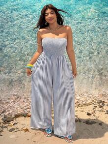 SHEIN EZwear 大码女式度假露背阔腿蓝色条纹连体裤格纹女士夏季无肩带连体裤条纹套装沙滩装 - 藍白色 - 查看 4