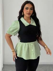 Maweii 大码女式翻领拼接格子二合一上衣 女士办公上衣 女士工作上衣 休闲优雅女式衬衫 泡泡袖衬衫 工作衬衫 - 綠色 - 查看 5