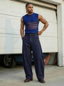 AXEPEAK Men's Solid Color Crew Neck Sleeveless Hollow-Out Knit Top - Blue - View 2