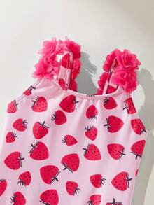 Maija Kids Maija Kids 1件装少女休闲优雅度假修身可爱草莓印花吊带泳衣，适合泳池、海滩、海边、沙滩派对、春夏季节穿着。 - 粉色 - 查看 4