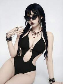 ROMWE Goth 2026春夏哥特吸血鬼角色扮演服装，女士连体泳衣，优雅浪漫神秘性感镂空设计，精致蜘蛛形金属装饰，蝴蝶结颈带，黑色，修身连体泳衣，2026春夏女装新款，适合新年、情人节、返校、旅行、海滩、下午茶、野餐、派对、日常穿着、休闲、户外活动等场合，时尚百搭 - 黑色 - 查看 4