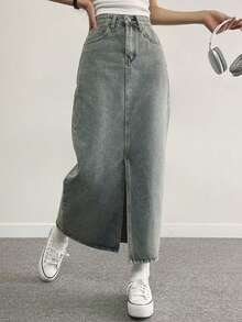 DAZY High-Low Hem Washed Denim Skirt Jeans Skirt - Blue - View 4