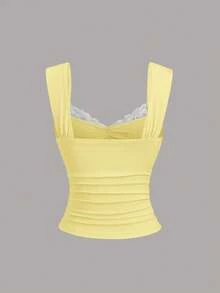 Sweetra 女士新款万圣节服装、圣诞节服装、感恩节服装、新年连衣裙，适合派对、通勤、日常、旅行、夏季穿着。粉色修身褶皱腰部可爱拼接蕾丝花边荷叶边前片不规则肩带荷叶边设计花卉装饰粉色T恤上衣 - 黃色 - 查看 2