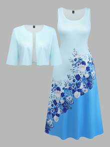 Franclia Conjunto de 2 peças: Vestido regata com decote em V e cardigã aberto de manga curta. Ideal para ocasiões especiais, como primavera. Vestido elegante para mulheres, perfeito para convidadas de casamento. Lindo vestido para ocasiões especiais. Vestido floral azul. Vestido floral azul feminino. Vestido floral feminino. - Azul - Ver 7
