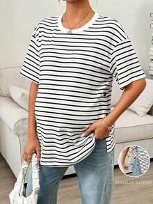 SHEIN 孕妇条纹圆领短袖休闲T恤，侧开衩下摆 - 白色 - 查看 1