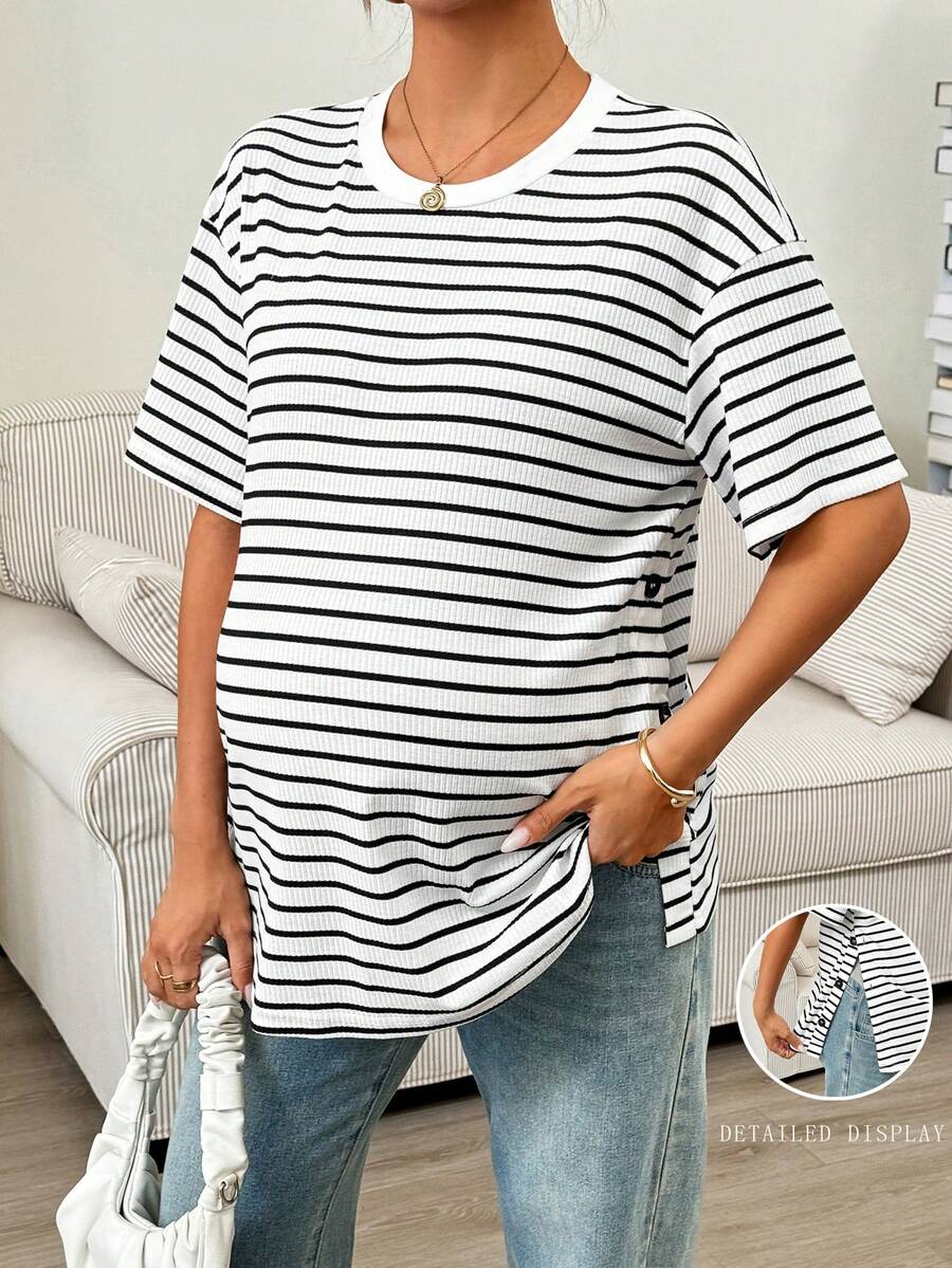 SHEIN 孕妇条纹圆领短袖休闲T恤，侧开衩下摆 - 白色 - 查看 1