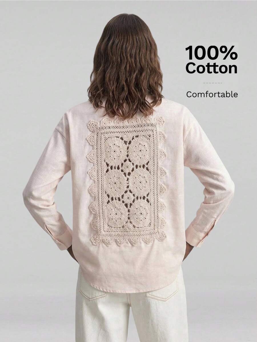 Ontre 女士浅杏色舒适柔软面料修身落肩长袖露背针织点缀时尚度假休闲低调复古高端邮轮装中东简约奢华感必备时尚商务休闲都市通勤高品质机场装四季百搭度假系列衬衫 - 淺粉色 - 查看 1