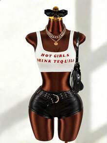 SaltGleam SaltGleam Women's Fashion Sexy Hottie Letter Print Cropped Tank Top, Sleeveless Fitted Vest For Daily Wear - White - View 1