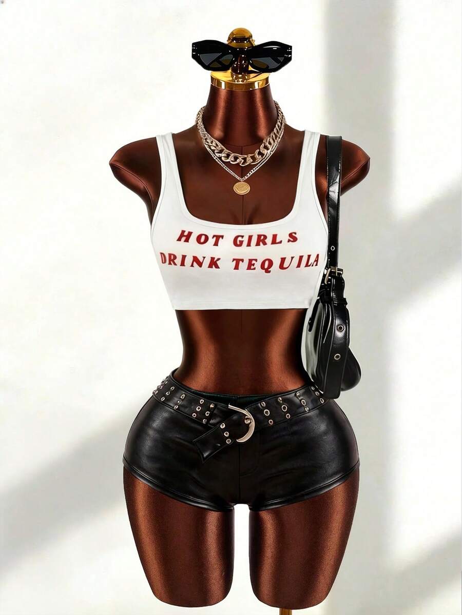 SaltGleam SaltGleam Women's Fashion Sexy Hottie Letter Print Cropped Tank Top, Sleeveless Fitted Vest For Daily Wear - White - View 1