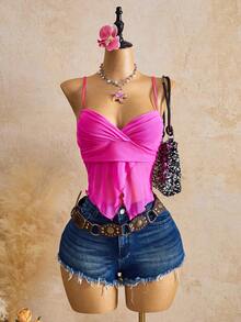 Femesol Women's Stretchy Mesh V-Neck Camisole Top - Hot Pink - View 5