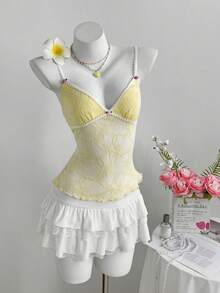 Elamini White And Yellow Summer 1960s Vintage 70s Retro Party Women's V-Neck Lace Ruffle 3D Flower Bow Tie Backless Camisole Tank Top Italian Corset Camis - Light Yellow - View 4