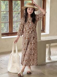 DAZY Tween Girls' V-Neck Tie Front Casual Everyday Jumpsuit - Brown - View 1