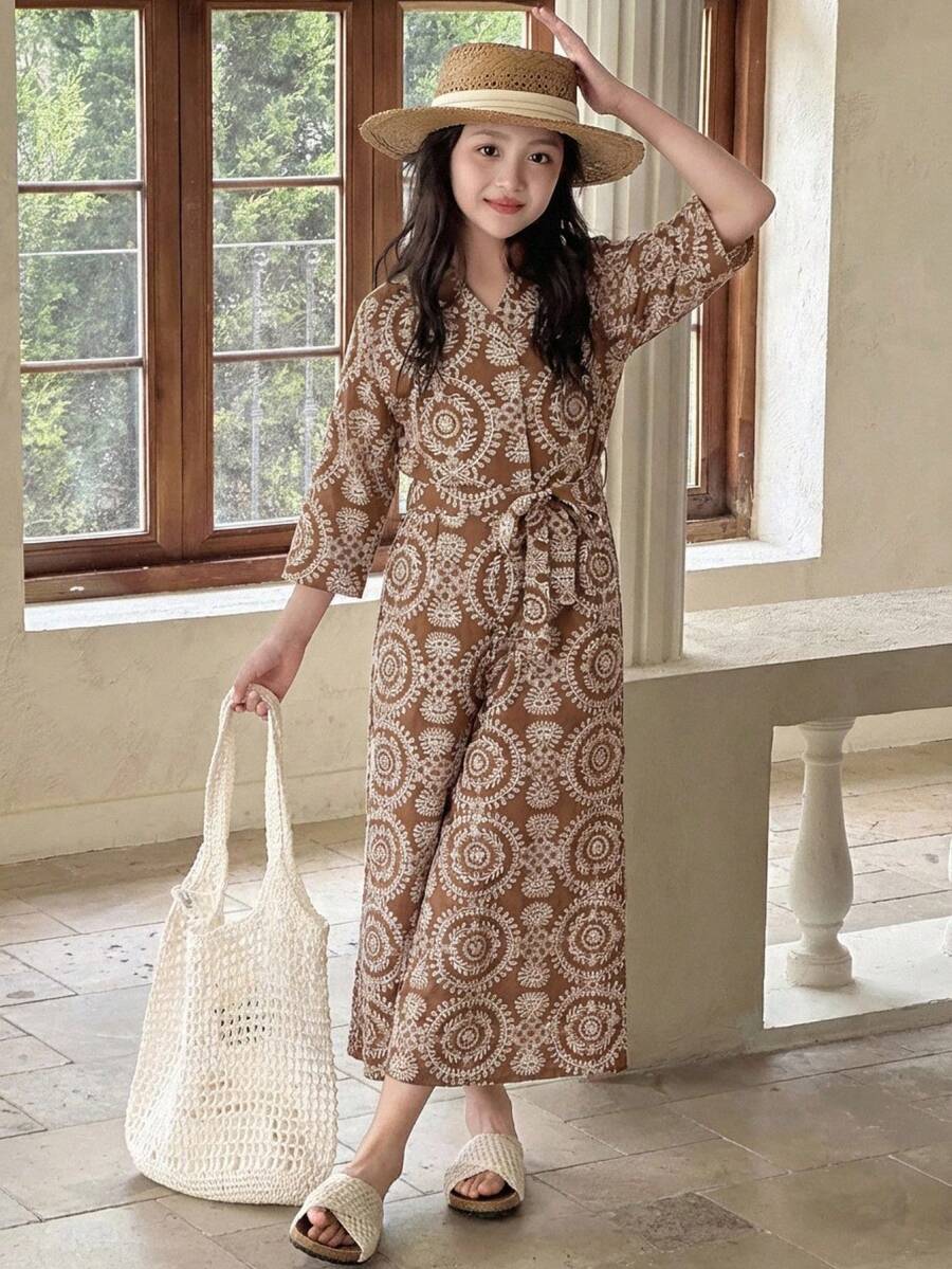 DAZY Tween Girls' V-Neck Tie Front Casual Everyday Jumpsuit - Brown - View 1