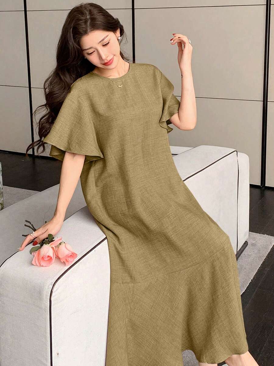 DAZY Solid Color Round Neck Ruffle Hem Mid-Length Dress For Women Sundress Summer - Green - View 1
