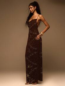 MUSERA 亮片串珠高领垂褶长款连衣裙，春夏优雅度假伊比沙岛俱乐部场合性感晚宴婚礼宾客日落之吻毕业长裙 - 銅色 - 查看 3