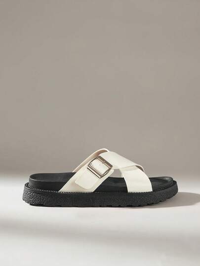 Solecia New, Versatile Cross Belt, Solid Color Platform Flat Heel, Women's Shoes Casual Sandals, Fairy Style, Comfortable Outer Wear Metal Buckle Non-Slip Shoes