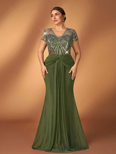 Serin Vestido elegante y lujoso de talla grande con cuello en V, ajustado y con dobladillo de sirena, en color verde oliva, con bordados y parches de cuentas, de punto elástico. Adecuado para fiestas de noche, galas, festivales de música, bodas, madre de la novia.
