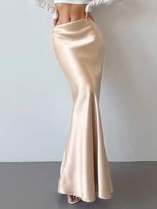 SHEIN Tall 情人节新款优雅浪漫复古精致长款美人鱼裙，高腰设计，金色缎面面料，春夏仙气十足，适合毕业典礼、教师节、返校季等场合穿着。 - 淺粉色 - 查看 1