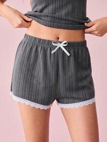 SHEIN Bộ đồ ngủ bằng vải dệt kim có viền ren viền nơ trang trí dành cho nữ - Màu Xám nhạt - Xem 6