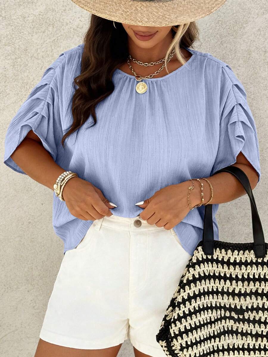 Weeklong Camisa casual holgada con cuello redondo y mangas fruncidas para mujer talla grande, para primavera/verano - Celeste - Ver 1