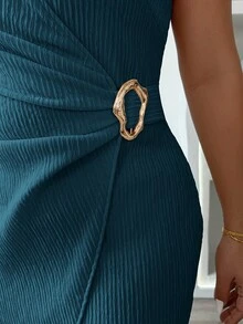 Elenzga Vestido sin mangas con pliegues, botones de metal y abertura, de tela con textura color albaricoque, vestido elegante y casual para usar en primavera/verano - Agua verde azul - Ver 6