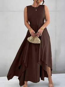 Elenzga Đầm dáng chữ A thắt eo bất đối xứng dành cho nữ cỡ lớn, thanh lịch, thích hợp đi làm, đi nghỉ mát, mặc hàng ngày. - màu nâu - Xem 3