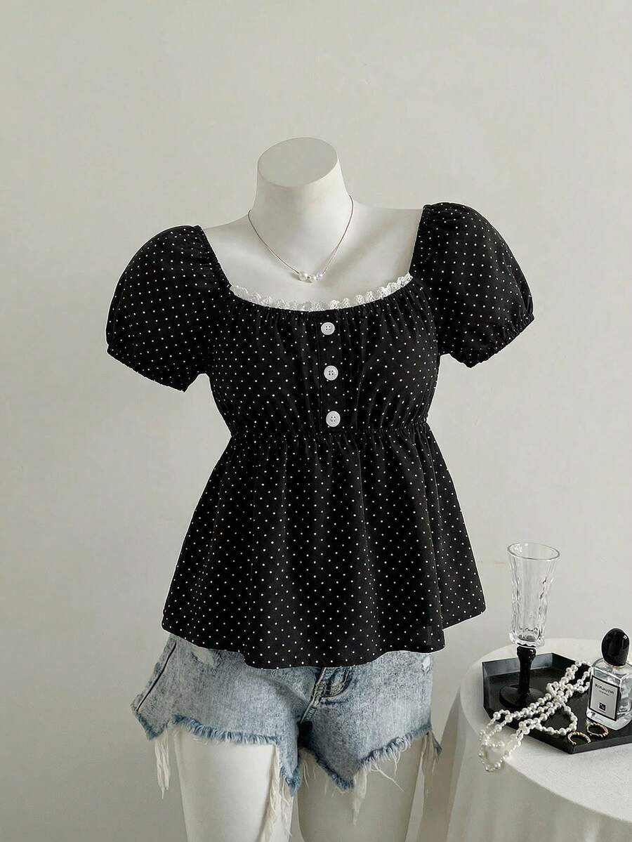 女童复古甜美风上衣一件：珍珠饰边+白色波点，泡泡袖短袖方领收腰设计，轻薄不蓬松，宽松舒适，适合约会/日常穿着，春夏皆宜。 - 黑色 - 查看 1