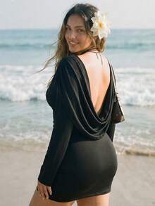 SHEIN ICON Đầm dự tiệc cocktail thanh lịch, màu trơn, xếp ly, hở lưng dành cho nữ cỡ lớn, thắt eo. - màu đen - Xem 1