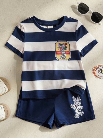 LOONEY TUNES X SHEIN Toddler Boys' Cartoon Print Short Sleeve Top And Shorts Set