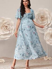 SHEIN 夏季孕妇优雅印花褶皱胸部连衣裙 - 淺藍色 - 查看 3