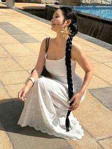 Livesso 春夏蕾丝镂空提花白色吊带连衣裙，休闲度假沙滩中长连衣裙 - 白色 - 查看 8